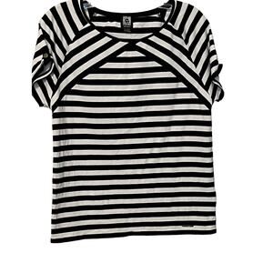 ANNE KLEIN SPORT T-SHIRT, WOMENS, S, BLACK & WHITE STRIPES, SHORT SLEEVES